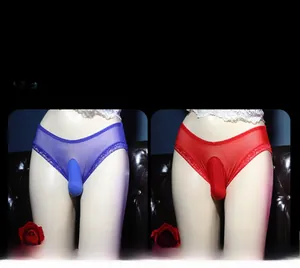 Detail view of sheer mesh men's briefs with lace trim and ergonomic pouch design