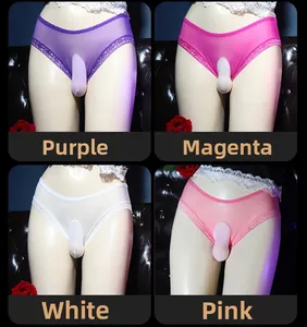Detailed grid view of transparent mesh men's briefs in purple, rose red, white, and pink
