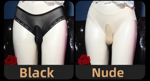 Detail of transparent lace briefs with anatomical pouch in black and beige colors