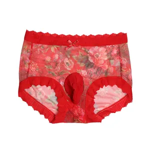 Men's sexy red floral mesh lace underwear with U-convex pouch and decorative bow detail