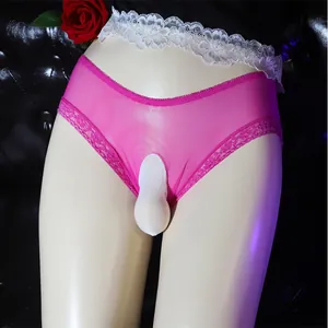 Detail of rose pink sheer mesh men's briefs with white pouch and lace trim details