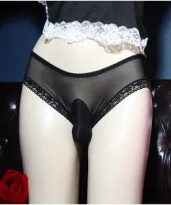 Close-up of black lace mesh men's erotic briefs featuring a unique pouch design