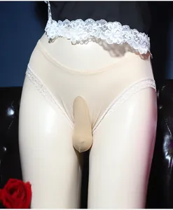 Close-up of men's sheer briefs with white lace trim and ergonomic pouch design