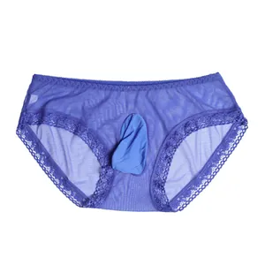 Transparent blue lace mesh men's briefs with breathable pouch and low-rise design