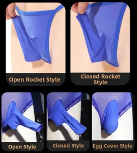 Detailed comparison of five different functional pouch designs for blue men's sheer briefs
