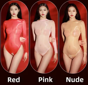 Three transparent seamless bodysuits in red, pink, and nude with glossy silk texture