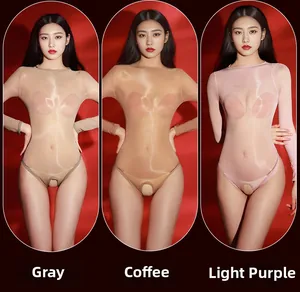 Detail of glossy sheer long sleeve bodysuit with open crotch in gray, brown and purple