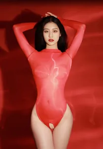 Detail of red translucent high-stretch seamless bodysuit with open crotch design