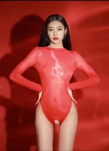 Glossy red sheer long-sleeve bodysuit with high-cut leg and seamless shiny texture
