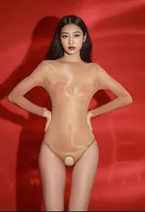 Sheer long sleeve mesh bodysuit in beige with a seamless crotchless design
