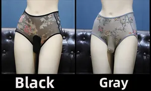 Detail view of retro floral mesh men's underwear with a prominent bulge pouch design