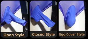 Detail view of blue lace mesh sexy men stockings with three pouch design variants