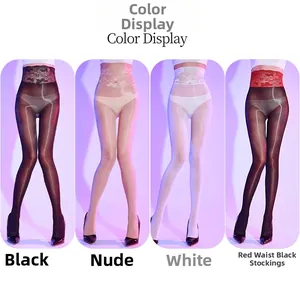 Lace high waist pantyhose color options in black, nude, white and red waist detail