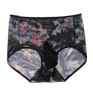 Men's floral mesh underwear with elephant nose pouch and breathable blue fabric
