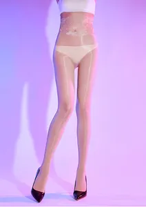 Glossy ultra-thin sheer tights with wide floral lace waistband and leg slimming front lines