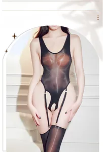 Macro detail of glossy black sheer bodysuit with adjustable garter straps and stockings