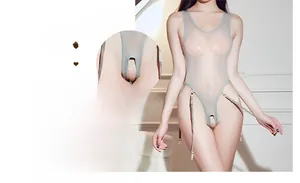 Detailed view of grey sheer open-crotch bodysuit with high-slit and garter straps