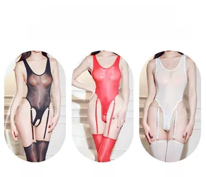 Close-up of sexy glossy bodysuit set with garters in black, red, and white colors