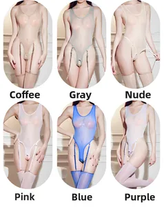 Collage of glossy translucent crotchless bodysuits in six different vivid colors