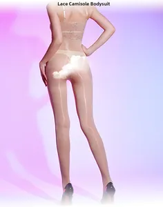 Rear view of translucent lace strap bodysuit and skin-tone sheer tights for men
