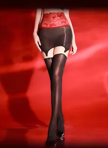 Close-up of lace garter belt and sheer black thigh high stockings for women