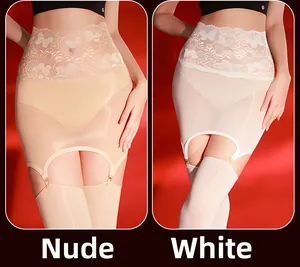 Detailed lace waistband with butterfly patterns on sheer stockings in nude and white