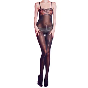 Men's sexy black sheer lace bodysuit with transparent smooth fabric and open crotch