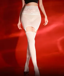 Detailed view of white floral lace suspender belt and matching sheer thigh high stockings