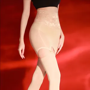 Lace waist thigh high suspender stockings in nude color with floral embroidery