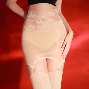 Nude lace garter belt set with sheer glossy thigh high stockings for women
