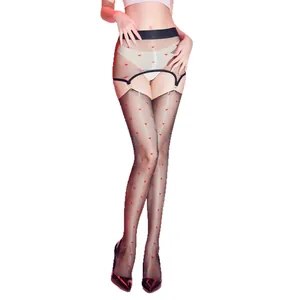 Sheer 1D ultra-thin black pantyhose with red heart patterns and faux suspender design