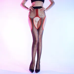 Collants sexy noirs transparents brillants avec cœurs rouges et entrejambe ouvert