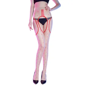 Collants transparents chair avec motif cœurs rouges et design porte-jarretelles intégré