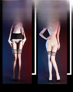 Detailed close-up of glossy oil-sheen stockings with leopard print lace patchwork details
