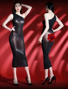 Detail view of seamless black sheer bodycon dress with sexy one-shoulder design