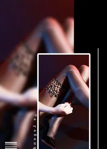 Detail of leopard print lace top on shiny sheer black stockings with stiletto heels