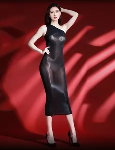 Detail of glossy sheer black one-shoulder bodycon dress with sleek oil-shiny texture