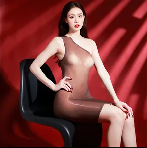 Detailed view of brown translucent off-shoulder slim-fit mini dress on a model