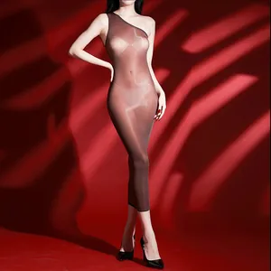 Detailed view of sheer dark brown off-shoulder dress with high-gloss texture