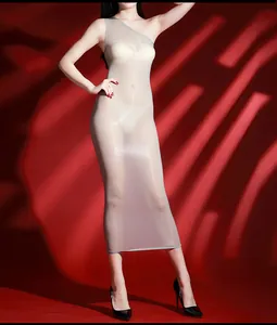 Macro detail of the off-shoulder sheer dress with glossy and seamless texture