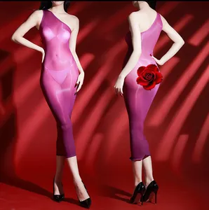 Detail view of purple off-shoulder sheer bodycon dress with ultra-thin glossy mesh fabric