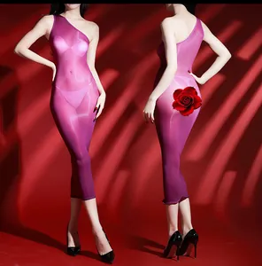 Detail of sheer magenta one-shoulder bodycon dress with floral rose print on the back