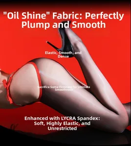 Close-up of oil glossy black tights featuring high-stretch Lycra fabric with metallic shine