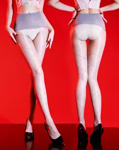 Detail of glossy diamond-patterned pantyhose with ultra-thin seamless sheer texture