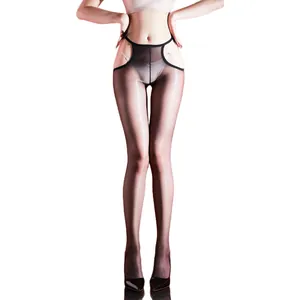 Sexy black ultra-thin glossy pantyhose with high-waisted hollow-out design and silk finish