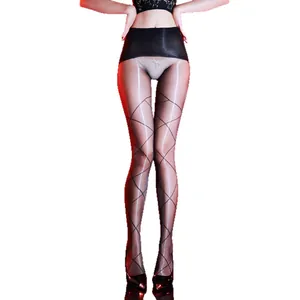 Sexy oil glossy diamond grid pantyhose with 360 seamless crotch for women in black