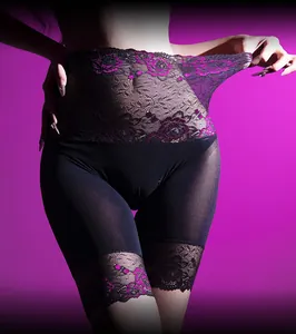 Close-up of high waist control panties with purple floral lace and breathable mesh fabric