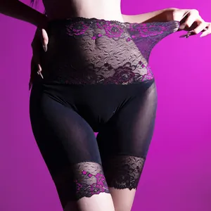 Women's high waist slimming lace panties with purple rose patterns and high elasticity