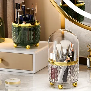 Rotating Makeup Brush Holder Dustproof PET Cosmetic Organizer With Lid Diamond Pattern Desktop Vanity Storage For Lipstick Eye Shadow Brushes
