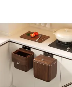Détails de poubelles de cuisine murales aspect noyer avec poignées sphériques argentées